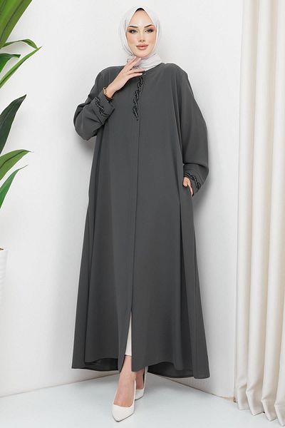 hafsamina Burma Stone Detailed Plus Size Abaya Anthracite HM2310