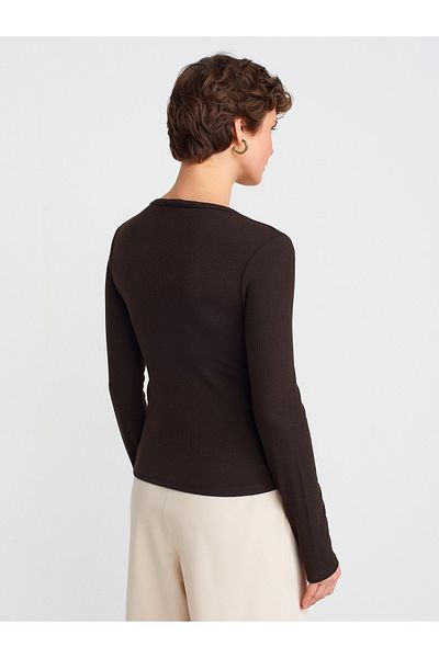 Dilvin 31548 Λεπτομέρεια με κουμπιά Gathered Top-σκούρο καφέ
