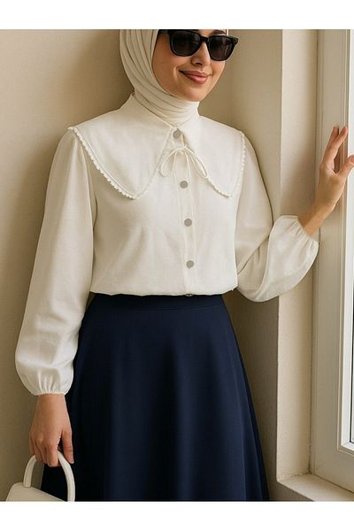 Modamorfo Baby Collar Lace Shirt with Elastic Sleeves -White