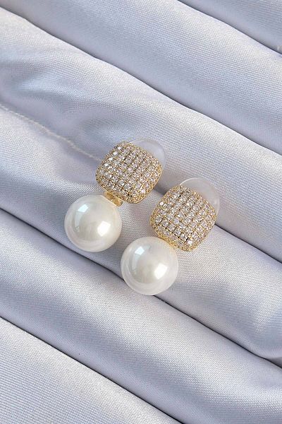 Clariss Brass Gold Color Zircon Stone Square Model Pearl Design Women's Earrings