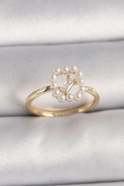 Clariss Brass Gold Color Zircon Stone Detailed Adjustable Ring with Pearls
