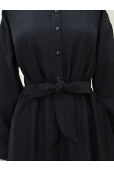 Modamorfo Half Button Stand Collar Tie Waist Linen Dress -Black