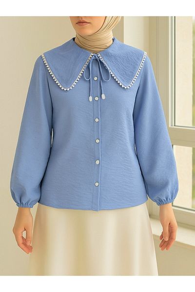 Modamorfo Blue Baby Collar Lace Shirt with Elastic Sleeves