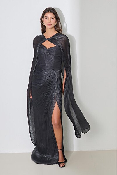 Setre Black Cape and Drape Detailed Wide Fit Evening Dress