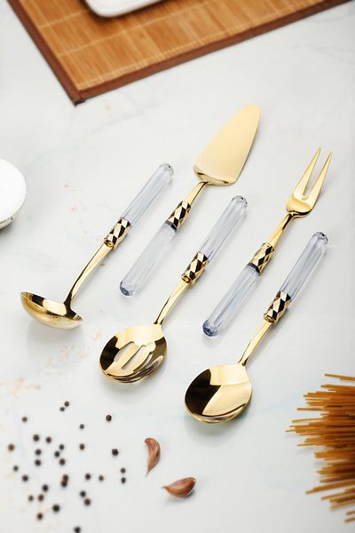 AC BOX 5 Piece Gold Serving Set & Serving Presentation Set Transparent (Ladle / Colander / Spatula / Fork / Spoon)