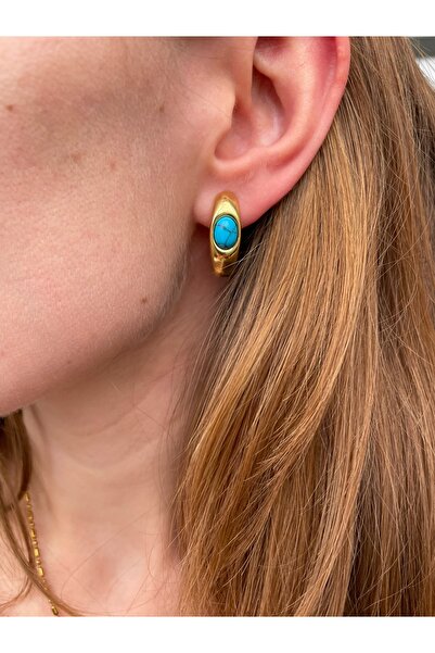 Hora Turkuaz Detaylı Gold Çelik Halka Küpe