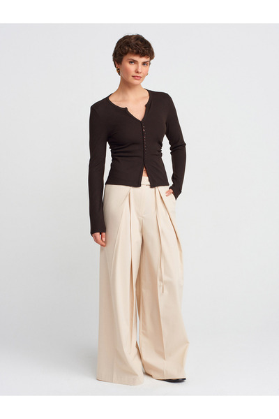 Dilvin 31548 Λεπτομέρεια με κουμπιά Gathered Top-Σκούρο καφέ