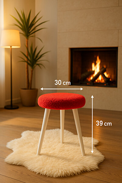 decosense Cozy Peluş Puf Dekoratif Ahşap 3 Beyaz Ayaklı Tabure Şık Konforlu Y...