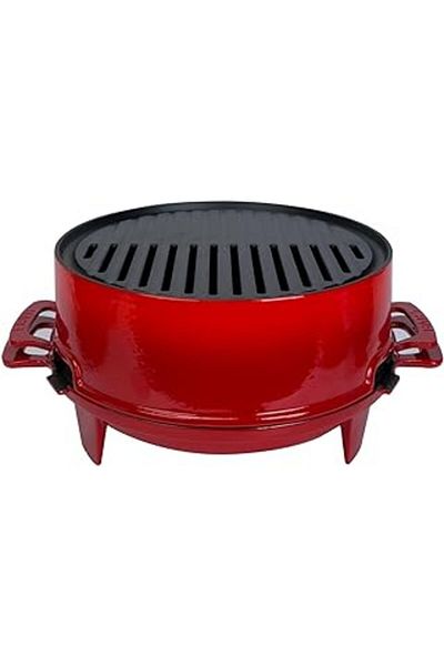 Mu Art Ahşap Lava Cast Round Barbecue Grill Set Cast Iron Solid Double Handle Diameter (Ø)36cm- Red