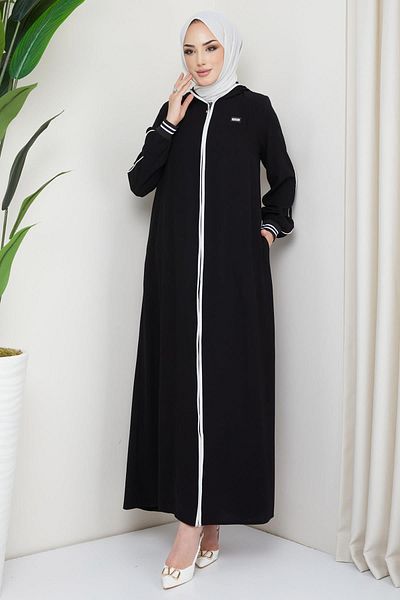 hafsamina Striped Piping Detailed Abaya Black