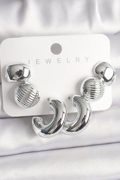 TT Tahtakale Toptancıları Silver Color Embroidered Circle Hoop Model Ccb Platic Women's Earrings Set