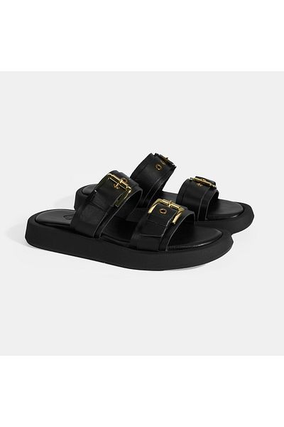 Desa Women's Black Buckle Detailed Leather Slippers