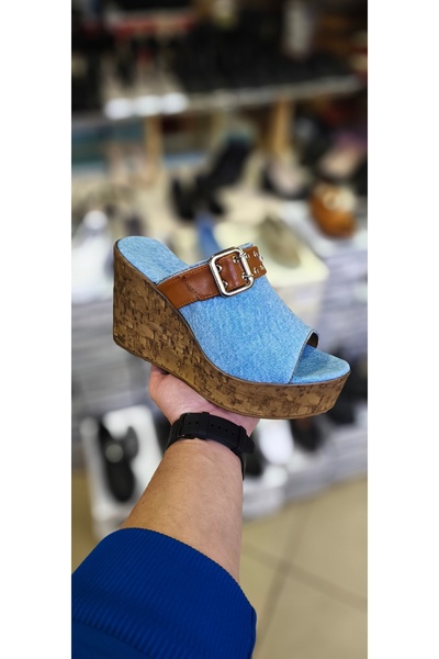 StWenn Papuci din denim cu platformă cu toc înalt, cu toc de 10 cm