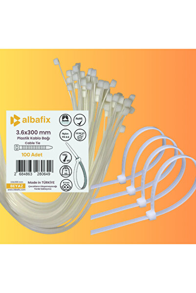 Albafix 3.6x300 mm Şeffaf Beyaz Plastik Kablo Bağı Klipsi Cırt Kelepçe 100 Adet