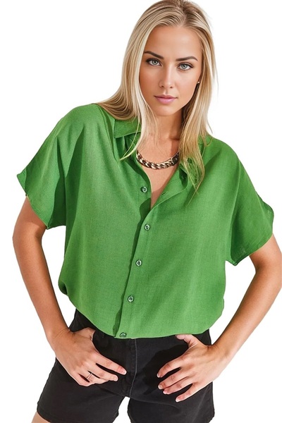 Cassime Women's Pistachio Green Oversize Linen Bat Short Sleeve Shirt