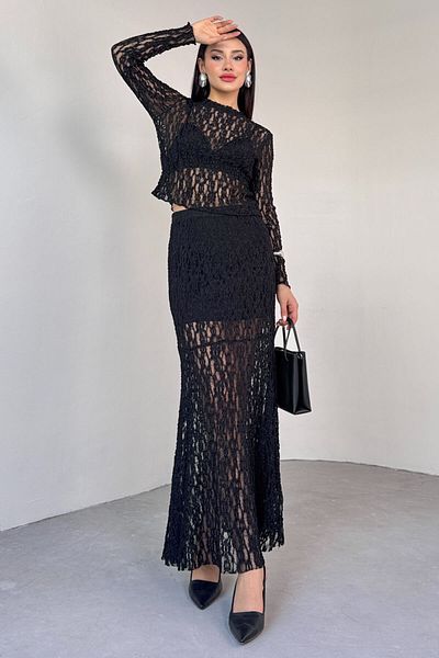 Cappmoda Tkm-13281 Black Lace Fabric Long Sleeve Blouse Lined Skirt Double Set
