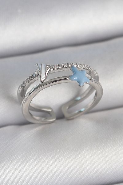 callerrons accessories Brass Silver Color 2-Piece Zircon Stone Blue Star Figure Adjustable Women's Ring - Ebj 250501 W33632