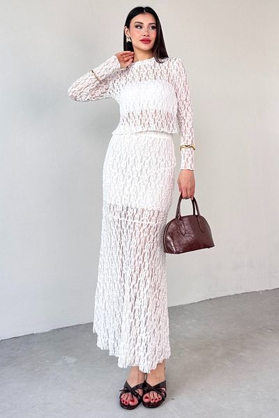 Cappmoda TKM-13281 Λευκή Δαντέλα Υφασμάτινη Μακρυμάνικη Μπλούζα Φούστα με επένδυση Σετ δύο τεμαχίων