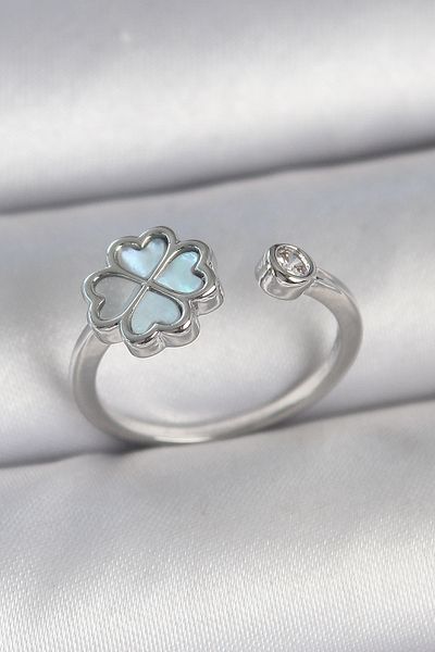 callerrons accessories Brass Silver Color Blue Enamel Clover Model Zircon Stone Detail Adjustable Women's Ring - Ebj 250501 W336