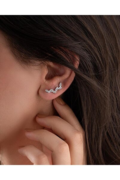 Roza Silver 925 Ayar Rodyum Filizlenen Yaprak Yatay Sarmaşık Gümüş Küpe