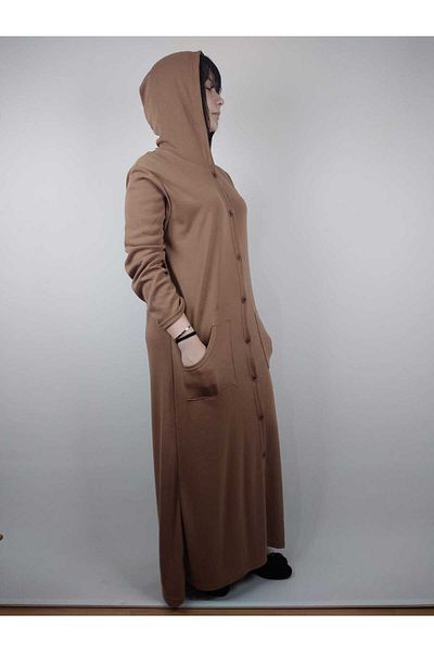 YAŞAR TRİKO Women's Caramel Buttoned Hooded Long Sleeve Double Pocket Long Seasonal Cap Overcoat