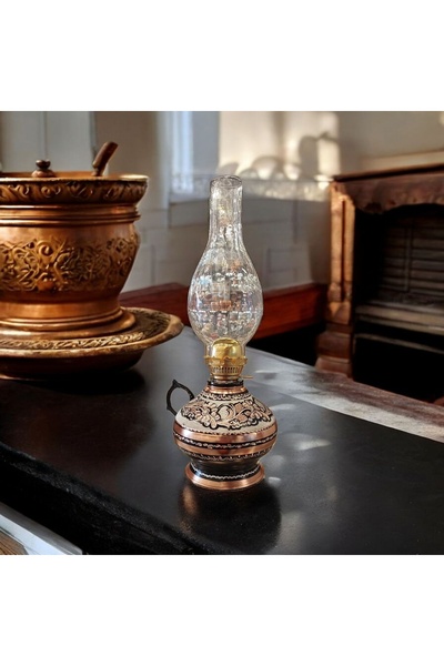 Bakır Center Bakır Gaz Lambası Gece Lambası Büyük Boy Tamamen El İşlemeli Siyah Renk Bakır Kulplu Fitilli