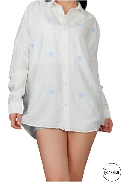 Cassime Women's Blue Embroidery Heart Embroidered Oversize Ayrobin Shirt - 100% Cotton