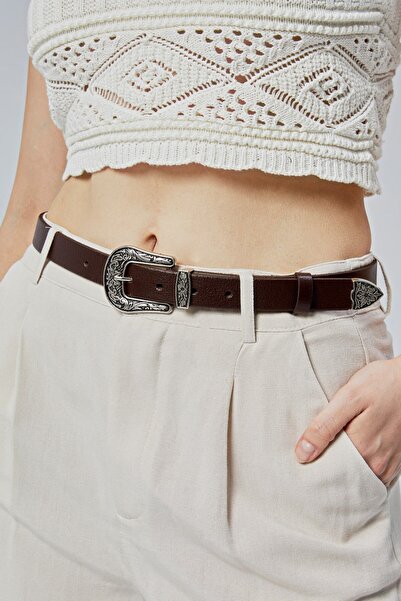 Genuine Leather Women's Belt 2.5 cm Silver Patterned Buckle Brown