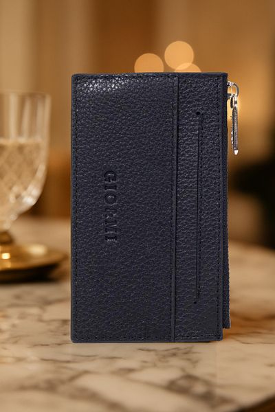 gio&mi Davin Genuine Leather Men's Black Card Holder Wallet with Coin Compartment and Zipper