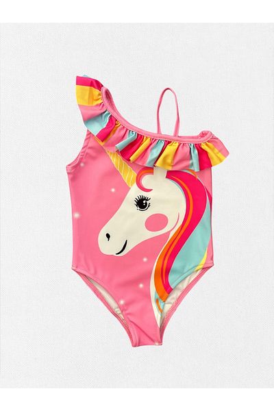 Fil Kids Girl's Pink Unicron Patterned Frilly Rope Strap Fast Drying Tight Woven Swimsuit