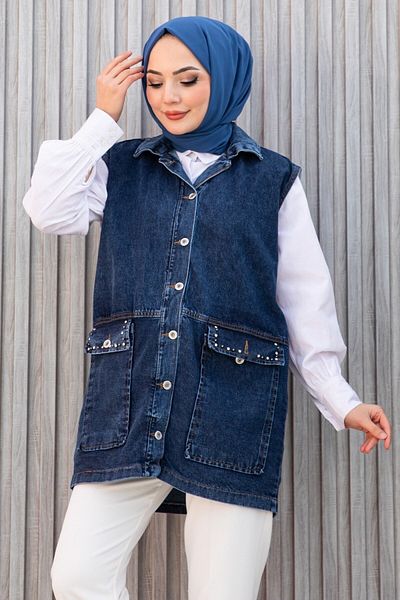 TOFİSA Women's Wide Pocket Stone Detail Denim Vest Dark Blue - 26581