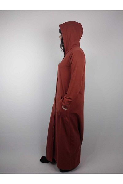 YAŞAR TRİKO Women's Tile Buttoned Hooded Long Sleeve Double Pocket Long Seasonal Cap Overcoat