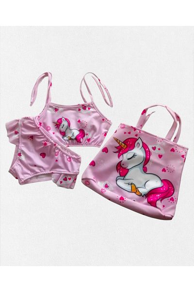 Fil Kids Girl's Pink Color 3 Piece with Bag Unicorn Printed Close Woven Quick Dry Bikini Set