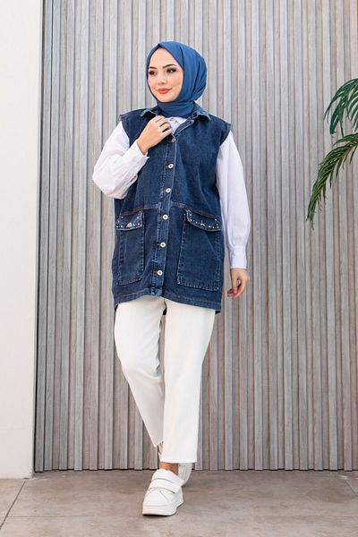 TOFİSA Women's Wide Pocket Stone Detail Denim Vest Dark Blue - 26581