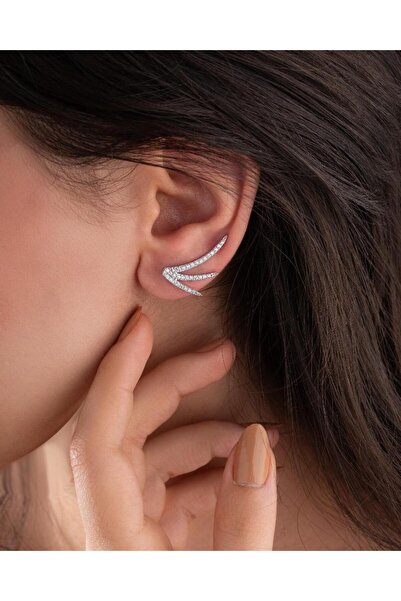 Roza Silver 925 Ayar Rodyum Melek Kanadı Yatay Sarmaşık Gümüş Küpe