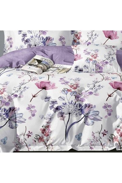 Pucioasa Lenjerie de pat din finet cu elastic, cearceaf pilota 200x220cm, 6 piese, Flori Lila/Roz
