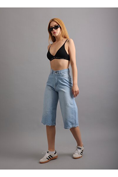 AREF JEANS Mavi Bol Kesim Rahat Jean Kot Salaş Kadın Diz Altı Şort