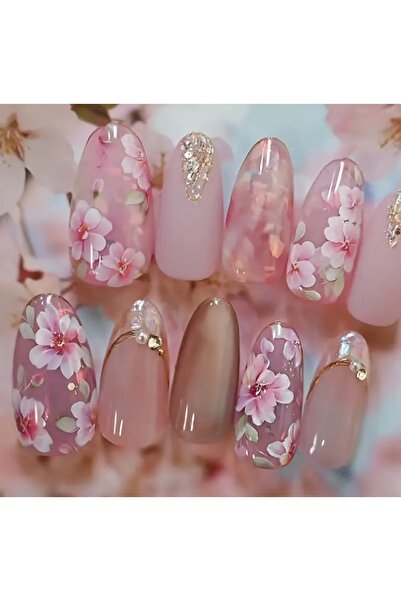 PİRAYE AKSESUAR 24'lü Jel Protez Görünümlü Soft Pembe Çiçek Desenli Taş Charm...