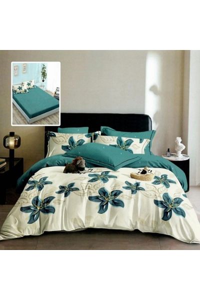 Pucioasa Finet bed linen with elastic, duvet cover 200x220cm, 6 pieces, Turquoise Flowers
