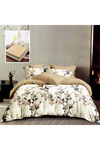 Pucioasa Bed linen set from fine fabric with elastic, duvet sheet 200x220cm, 6 pieces, Beige/Gray Leaves