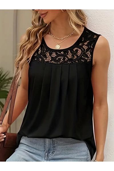 Modayakamoz Women's Strappy Round Neck Lace Detailed Viscose Blouse