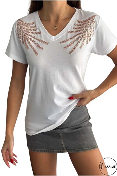 Cassime Tricou de damă, cu umăr, frunze, paiete, brodat, alb, cu decolteu în ...