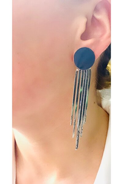 VNS Accessories Steel Circle Detail Long Tassel Earrings (8.5 cm)