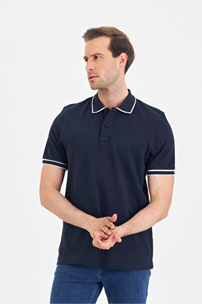 ENQUE Чоловічий базовий прямий темно-синій поло з ґудзиками та коміром-стійко...