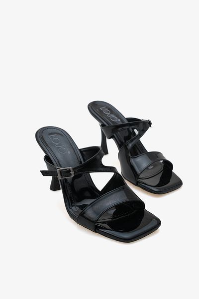 LOJO Women's Belt Buckle Detailed Heeled Double Strap Daily Slippers Ferlep Black