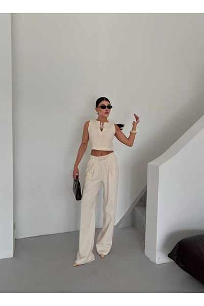butik derin Linen Shirt Jacket Pants Women's Set Stone