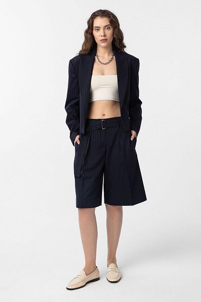 Antioch Navy Blue Women's Pinstripe Crop Blazer Jacket