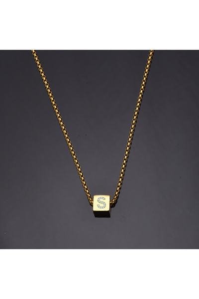 idolavm Design Zirkon Taşlı S Harfli Küp Erkek Kolye Çelik Takı Hediyelik