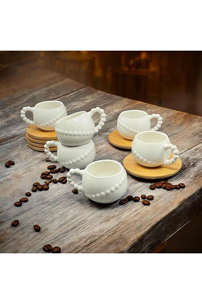 YzHome 6-Person 12-Piece White Porcelain Coffee Cup Set with Bamboo Plates 90ml