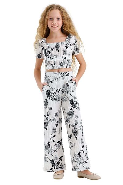 wakawakakidsstore Set crop top pentru fete cu imprimeu floral alb-negru și pantaloni largi - alb